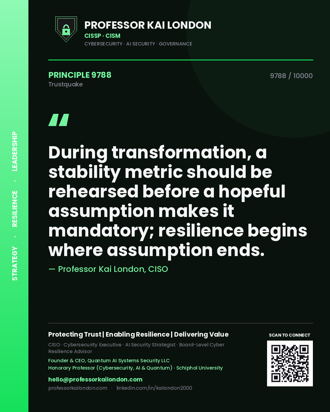 Professor Kai London principle 9788: During transformation, a stability metric should be rehearsed before a hopeful assumption makes it mandatory; resilience begins where assumption ends.