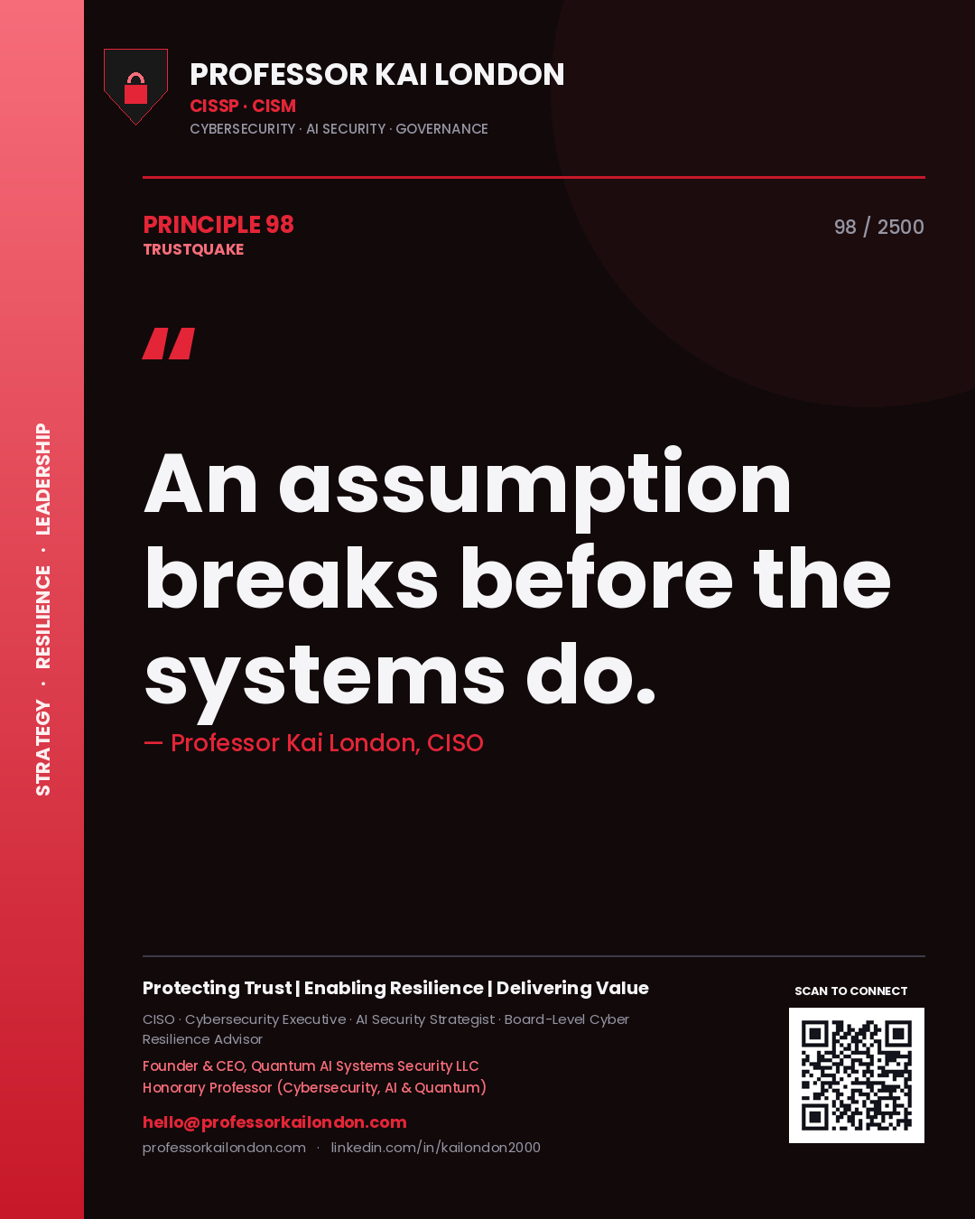 Quote card by Professor Kai London reading 'An assumption breaks before the systems do.'. From the book Trustquake.