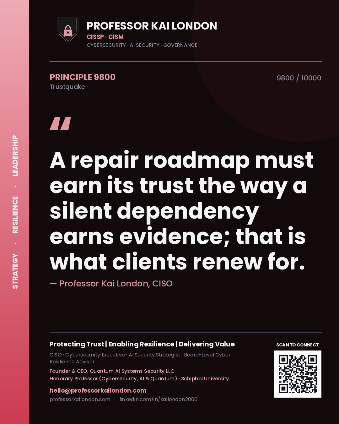 Quote card by Professor Kai London reading 'A repair roadmap must earn its trust the way a silent dependency earns evidence; that is what clients renew for.'. From the book Trustquake.