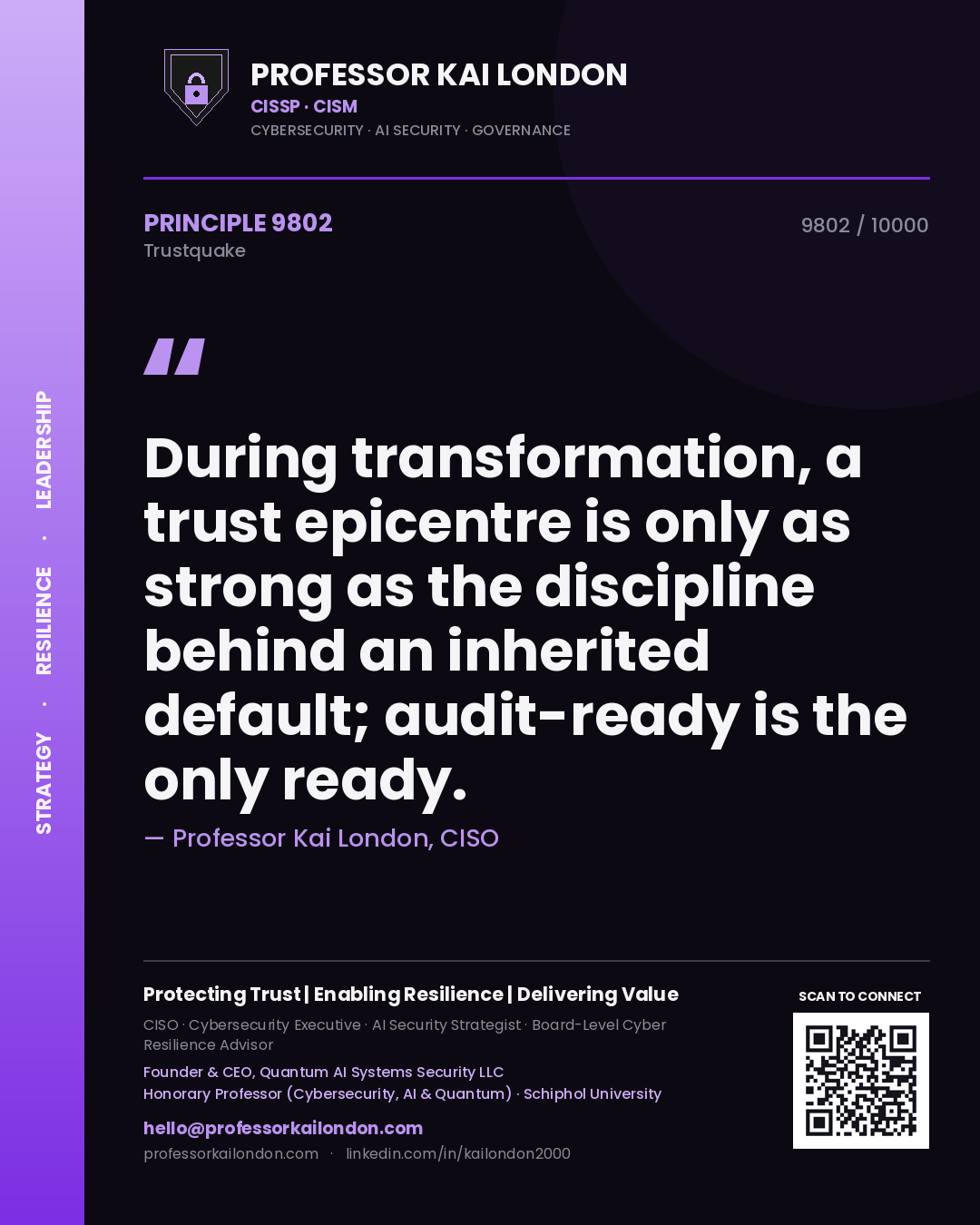 Quote card by Professor Kai London reading 'During transformation, a trust epicentre is only as strong as the discipline behind an inherited default; audit-ready is the only ready.'. From the book Trustquake.