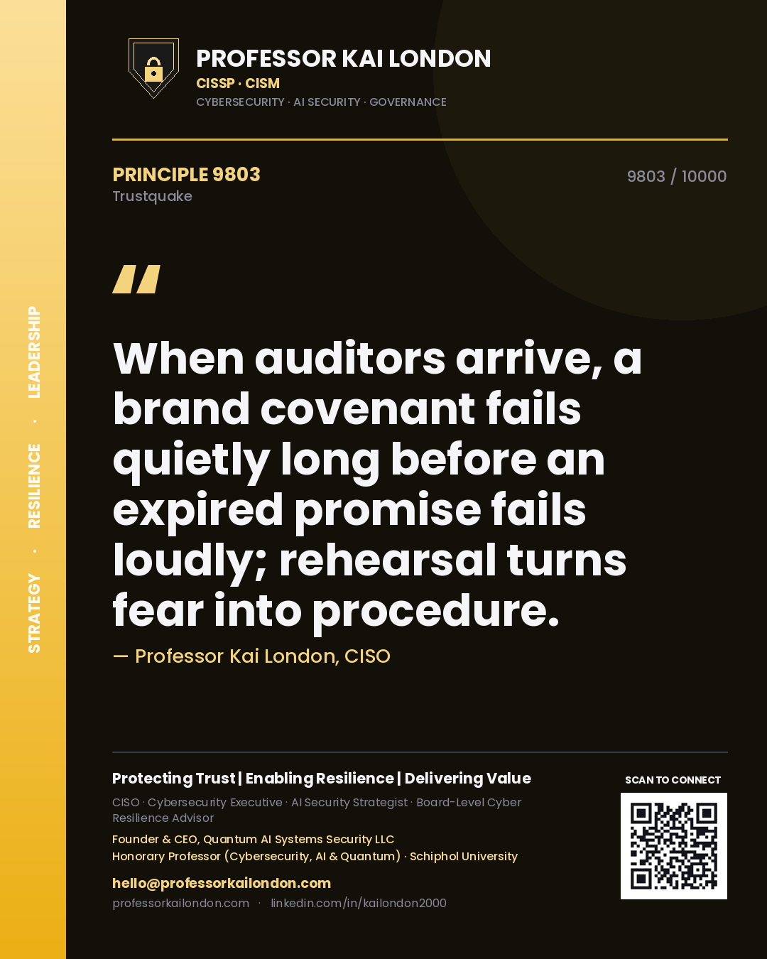 Quote card by Professor Kai London reading 'When auditors arrive, a brand covenant fails quietly long before an expired promise fails loudly; rehearsal turns fear into procedure.'. From the book Trustquake.