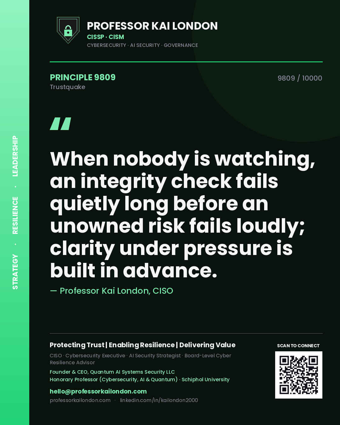 Quote card by Professor Kai London reading 'When nobody is watching, an integrity check fails quietly long before an unowned risk fails loudly; clarity under pressure is built in advance.'. From the book Trustquake.