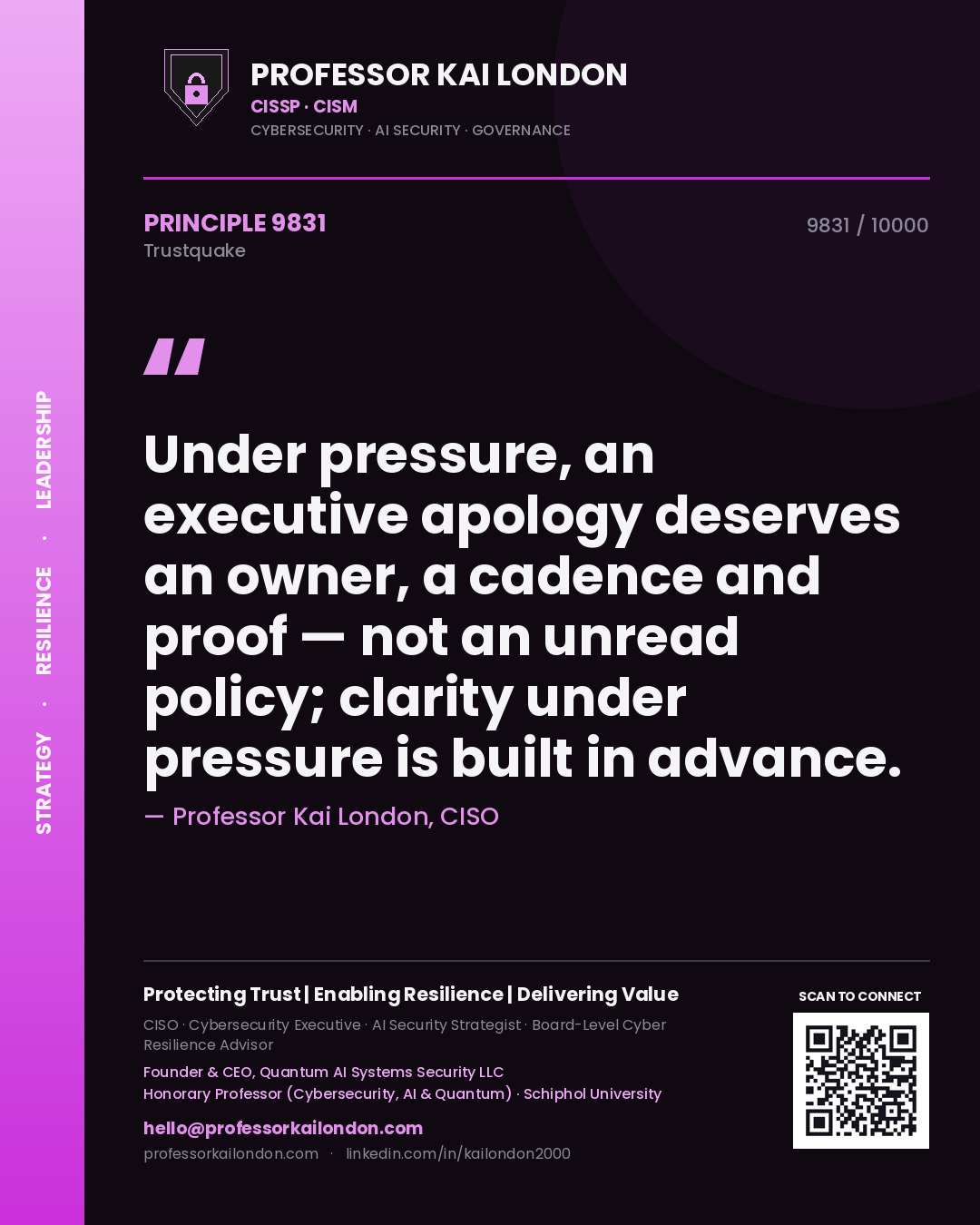 Quote card by Professor Kai London reading 'Under pressure, an executive apology deserves an owner, a cadence and proof — not an unread policy; clarity under pressure is built in advance.'. From the book Trustquake.