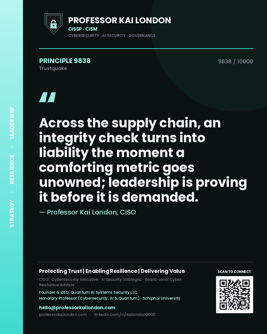 Quote card by Professor Kai London reading 'Across the supply chain, an integrity check turns into liability the moment a comforting metric goes unowned; leadership is proving it before it is demanded.'. From the book Trustquake.