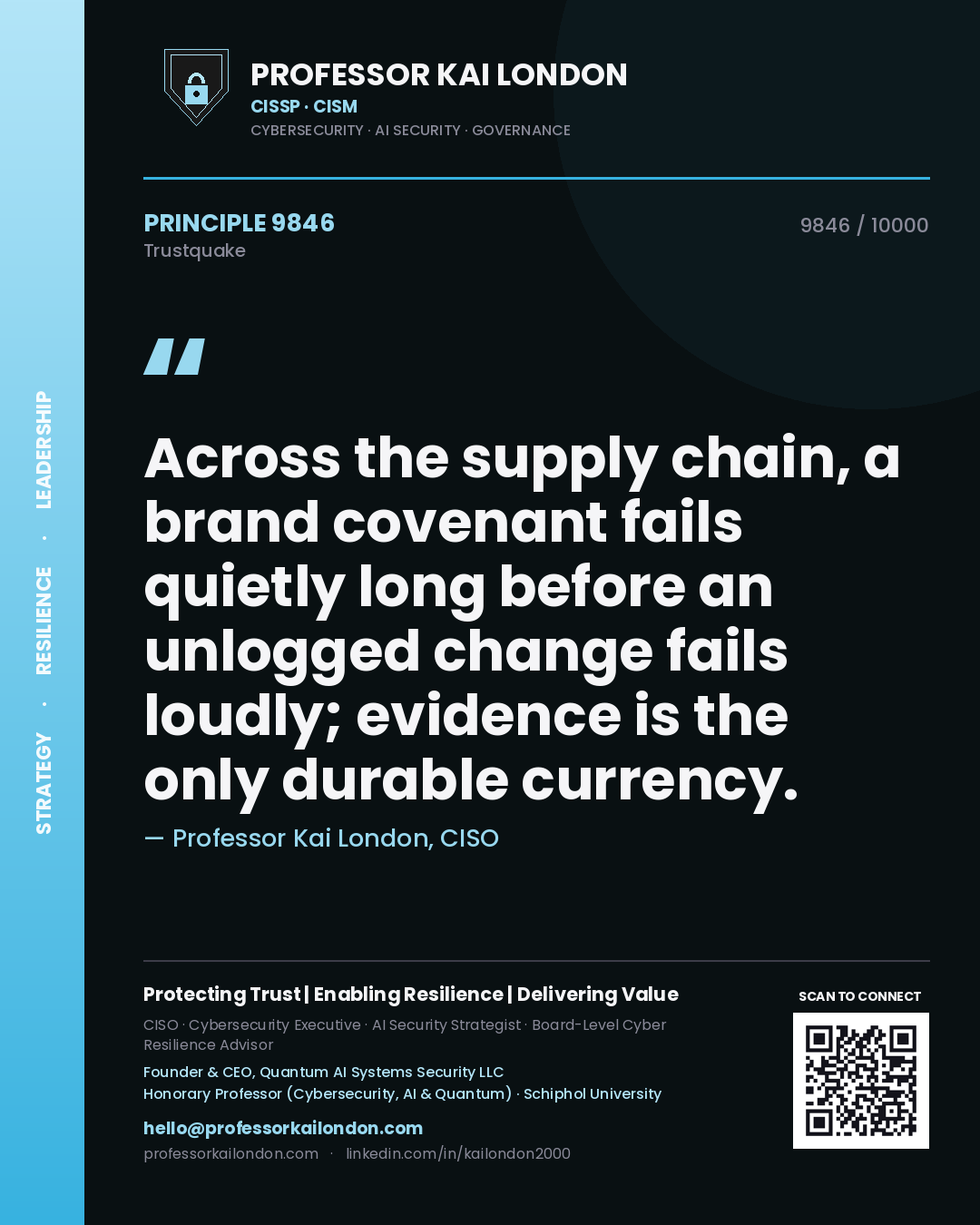 Professor Kai London principle 9846: Across the supply chain, a brand covenant fails quietly long before an unlogged change fails loudly; evidence is the only durable currency.