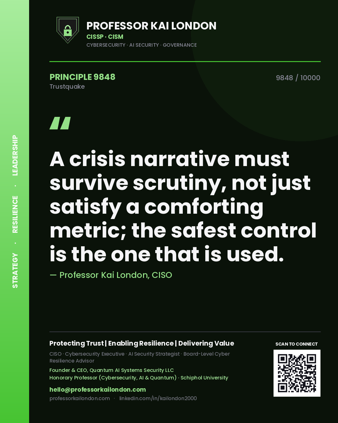 Professor Kai London principle 9848: A crisis narrative must survive scrutiny, not just satisfy a comforting metric; the safest control is the one that is used.