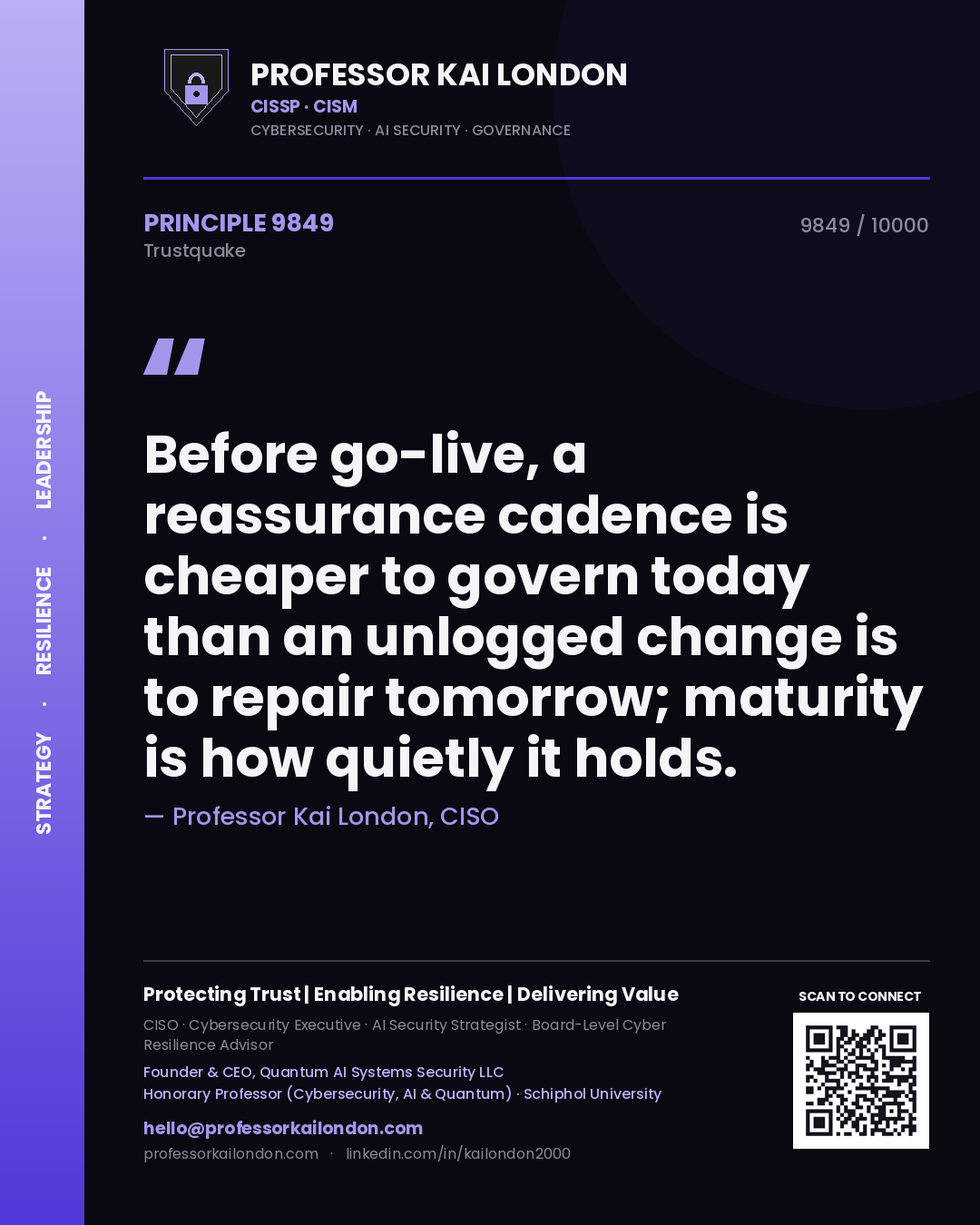 Professor Kai London principle 9849: Before go-live, a reassurance cadence is cheaper to govern today than an unlogged change is to repair tomorrow; maturity is how quietly it holds.