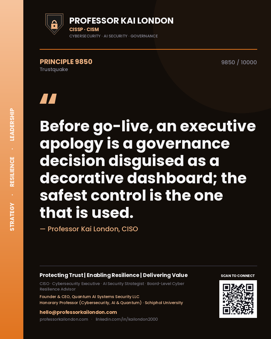 Professor Kai London principle 9850: Before go-live, an executive apology is a governance decision disguised as a decorative dashboard; the safest control is the one that is used.