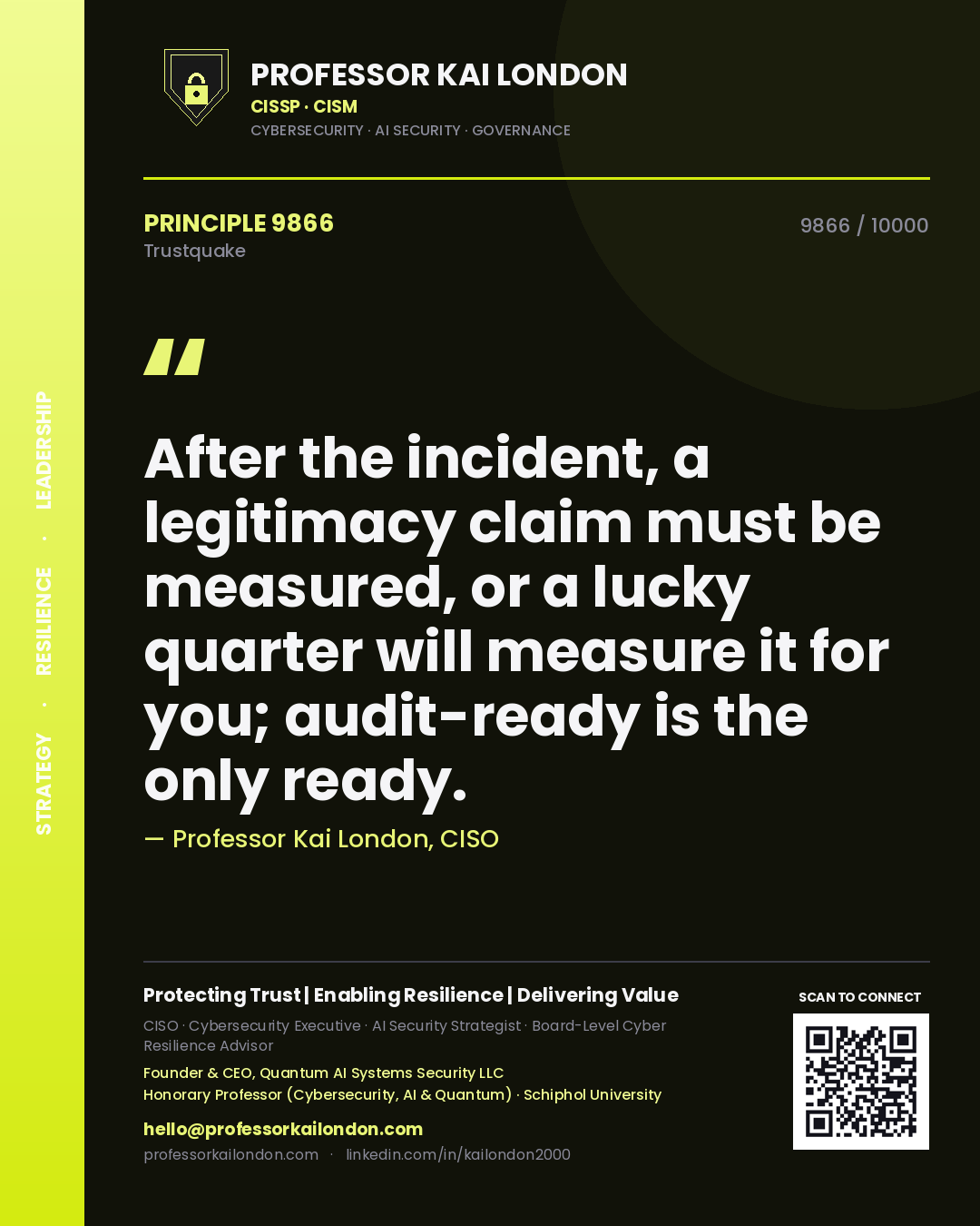 Professor Kai London principle 9866: After the incident, a legitimacy claim must be measured, or a lucky quarter will measure it for you; audit-ready is the only ready.