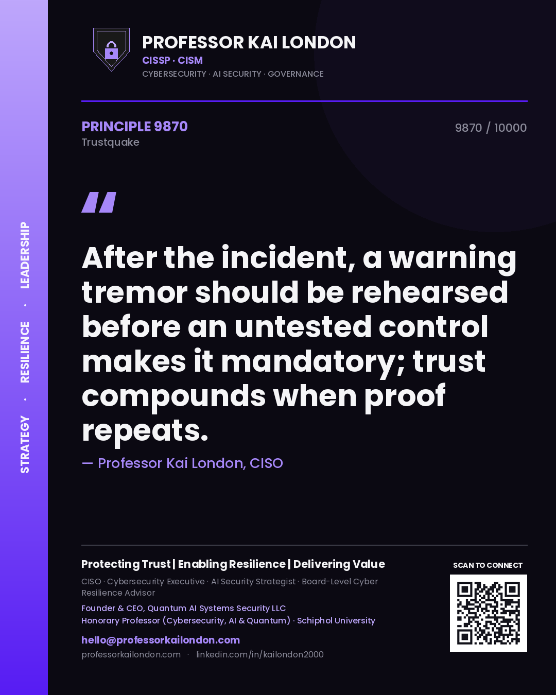 Quote card by Professor Kai London reading 'After the incident, a warning tremor should be rehearsed before an untested control makes it mandatory; trust compounds when proof repeats.'. From the book Trustquake.