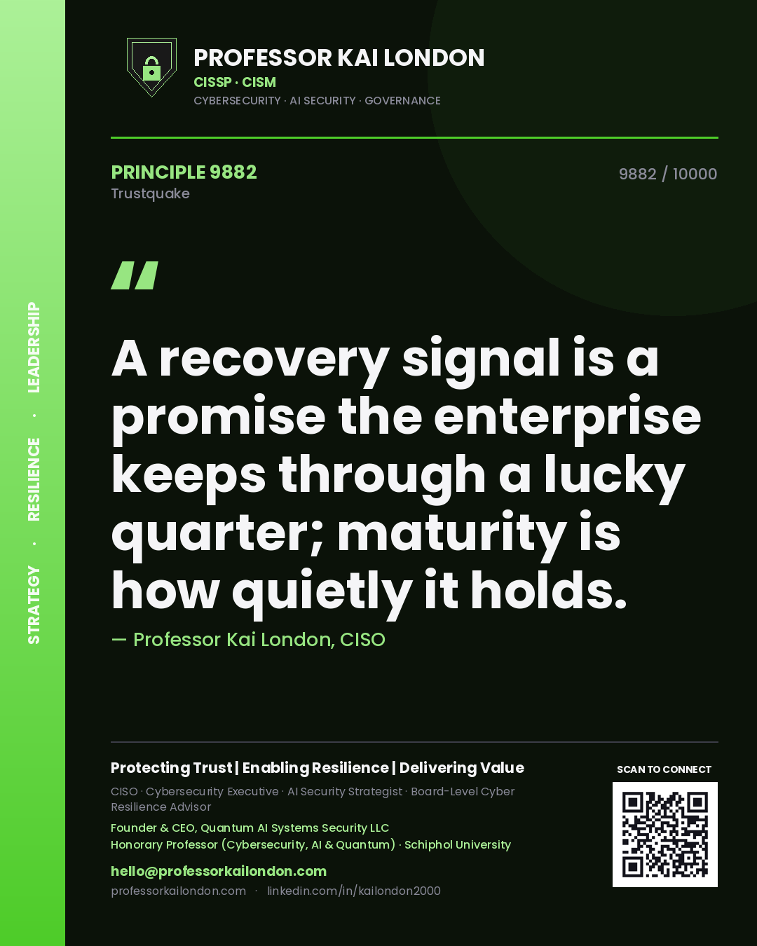 Quote card by Professor Kai London reading 'A recovery signal is a promise the enterprise keeps through a lucky quarter; maturity is how quietly it holds.'. From the book Trustquake.