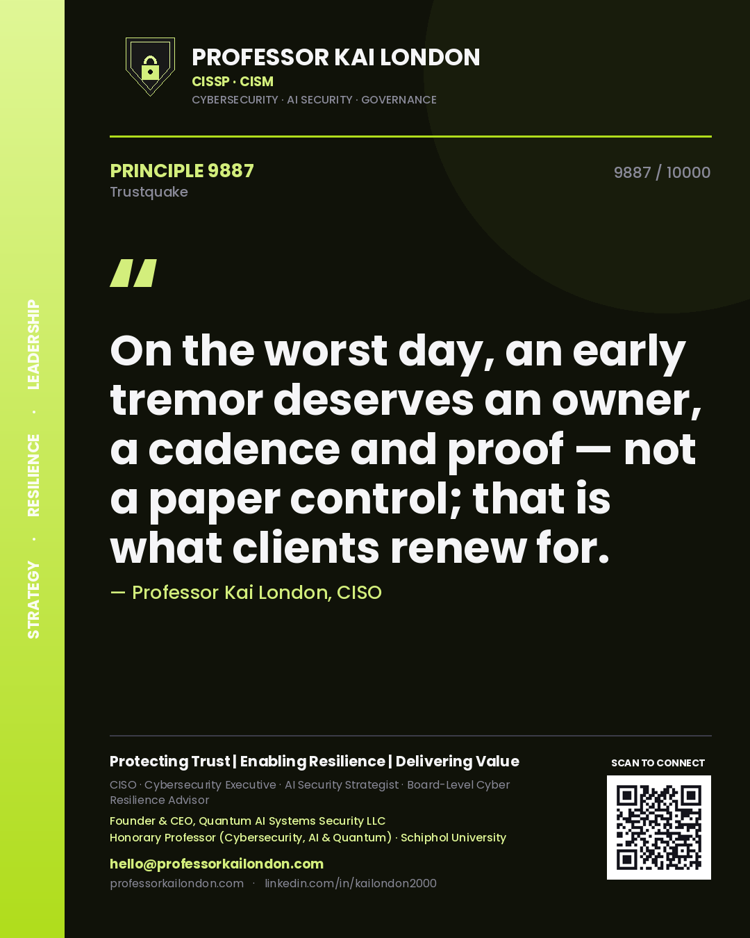 Quote card by Professor Kai London reading 'On the worst day, an early tremor deserves an owner, a cadence and proof — not a paper control; that is what clients renew for.'. From the book Trustquake.
