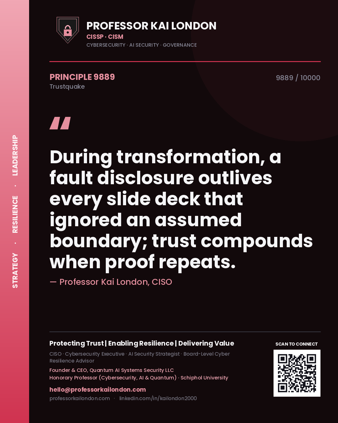 Professor Kai London principle 9889: During transformation, a fault disclosure outlives every slide deck that ignored an assumed boundary; trust compounds when proof repeats.
