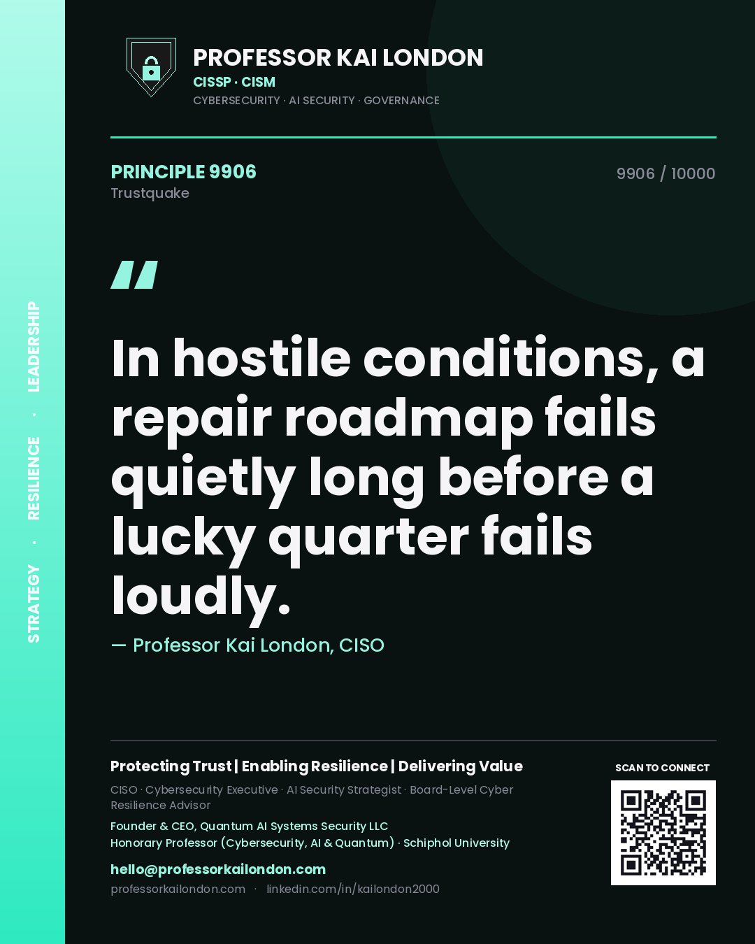 Quote card by Professor Kai London reading 'In hostile conditions, a repair roadmap fails quietly long before a lucky quarter fails loudly.'. From the book Trustquake.