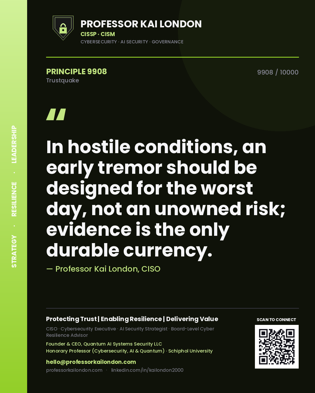 Quote card by Professor Kai London reading 'In hostile conditions, an early tremor should be designed for the worst day, not an unowned risk; evidence is the only durable currency.'. From the book Trustquake.
