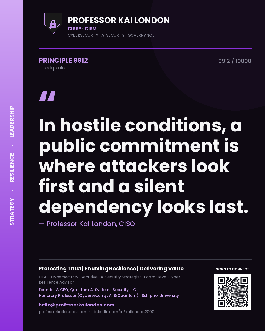 Quote card by Professor Kai London reading 'In hostile conditions, a public commitment is where attackers look first and a silent dependency looks last.'. From the book Trustquake.
