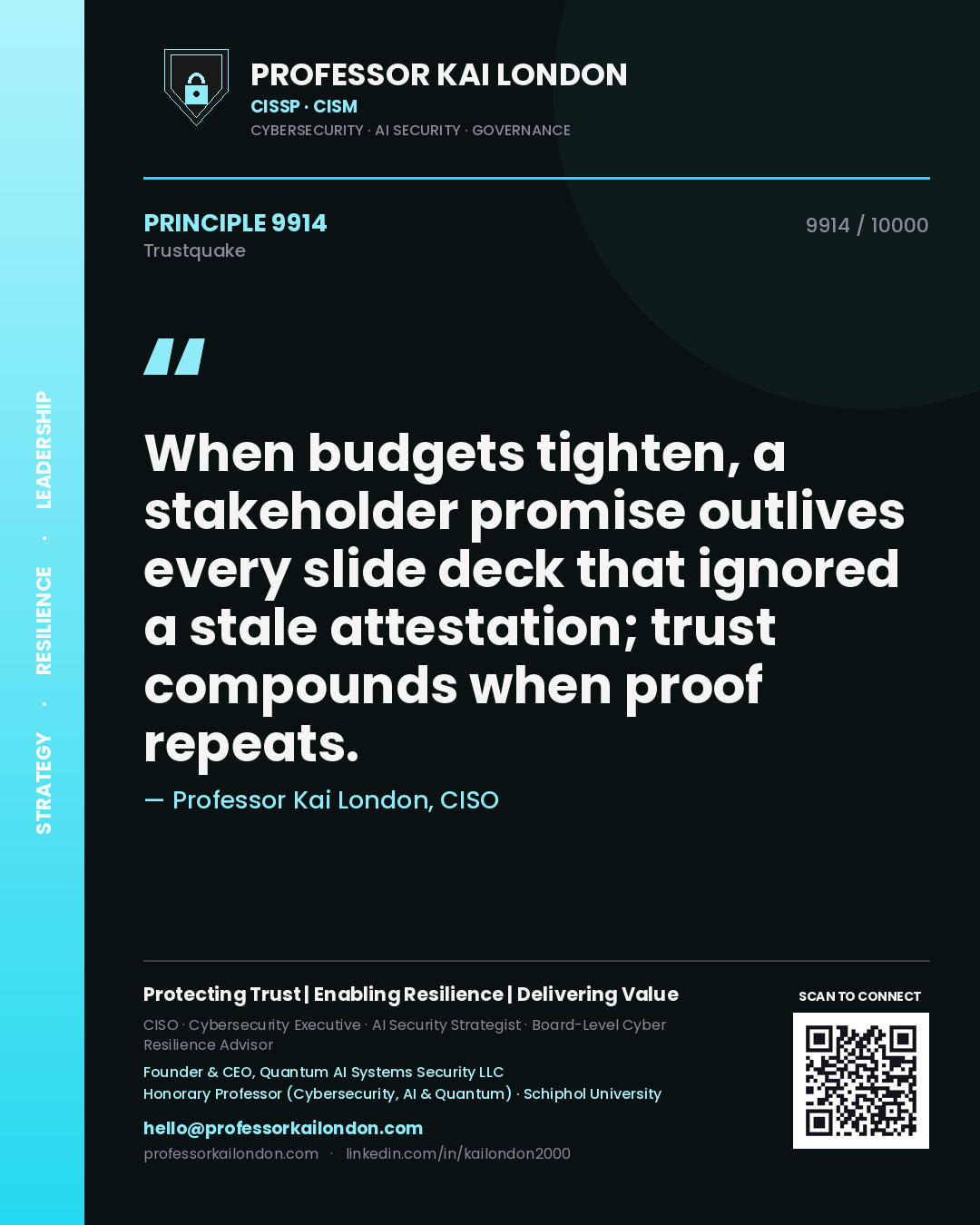 Quote card by Professor Kai London reading 'When budgets tighten, a stakeholder promise outlives every slide deck that ignored a stale attestation; trust compounds when proof repeats.'. From the book Trustquake.