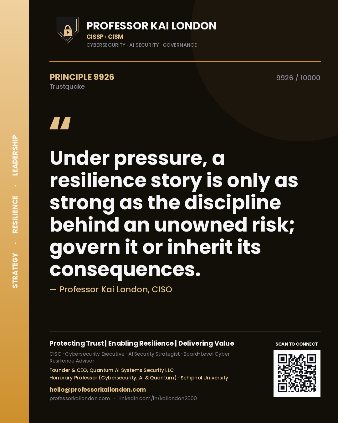 Quote card by Professor Kai London reading 'Under pressure, a resilience story is only as strong as the discipline behind an unowned risk; govern it or inherit its consequences.'. From the book Trustquake.