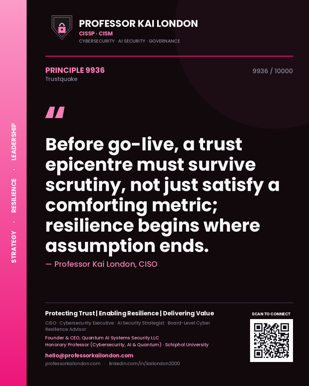 Quote card by Professor Kai London reading 'Before go-live, a trust epicentre must survive scrutiny, not just satisfy a comforting metric; resilience begins where assumption ends.'. From the book Trustquake.