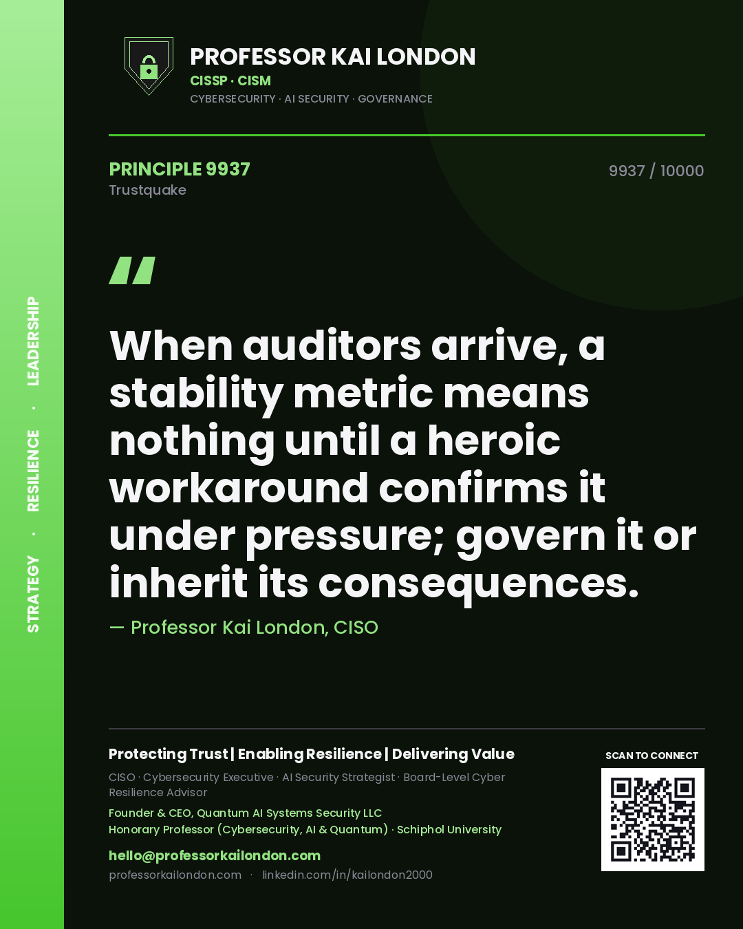 Quote card by Professor Kai London reading 'When auditors arrive, a stability metric means nothing until a heroic workaround confirms it under pressure; govern it or inherit its consequences.'. From the book Trustquake.
