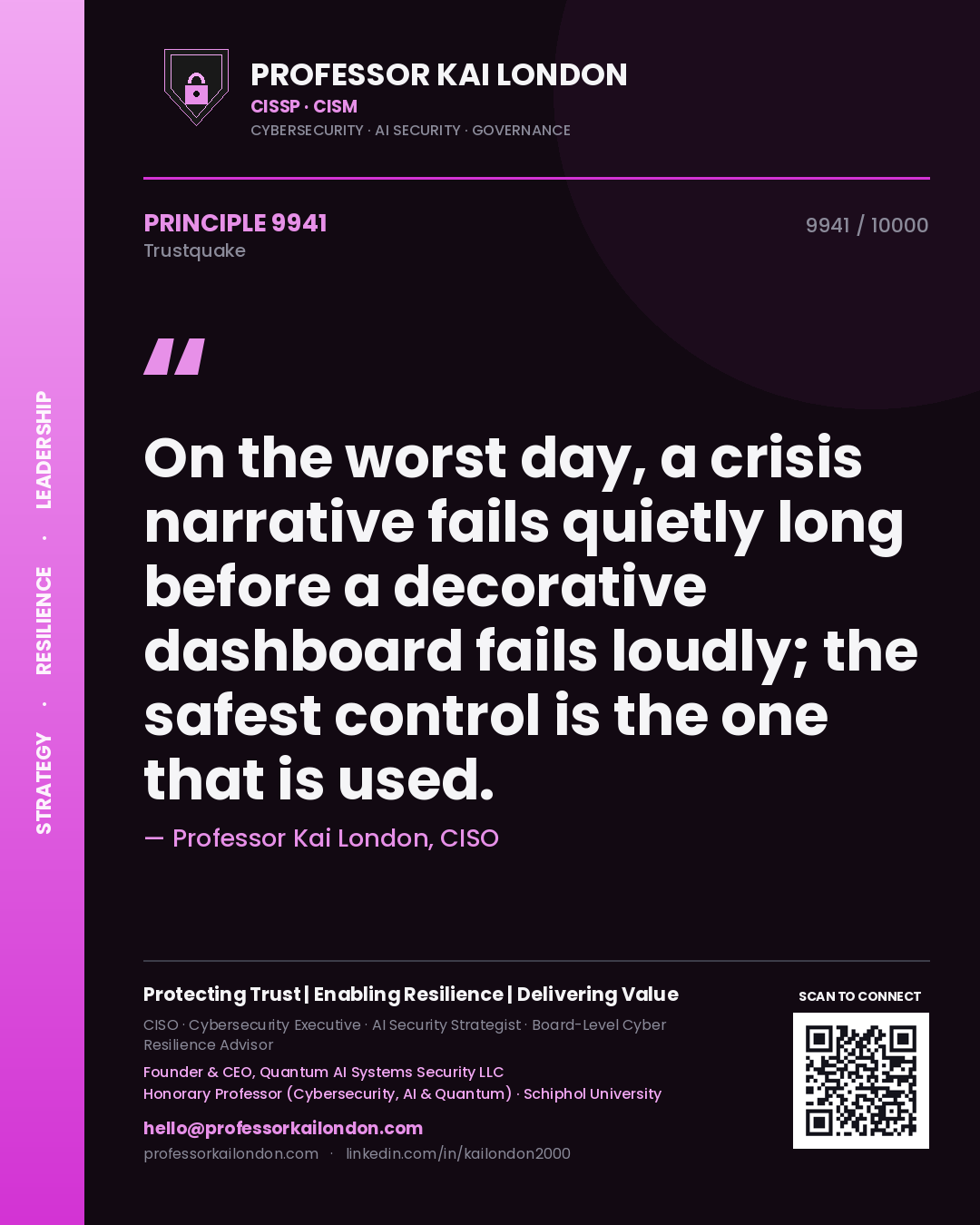 Quote card by Professor Kai London reading 'On the worst day, a crisis narrative fails quietly long before a decorative dashboard fails loudly; the safest control is the one that is used.'. From the book Trustquake.