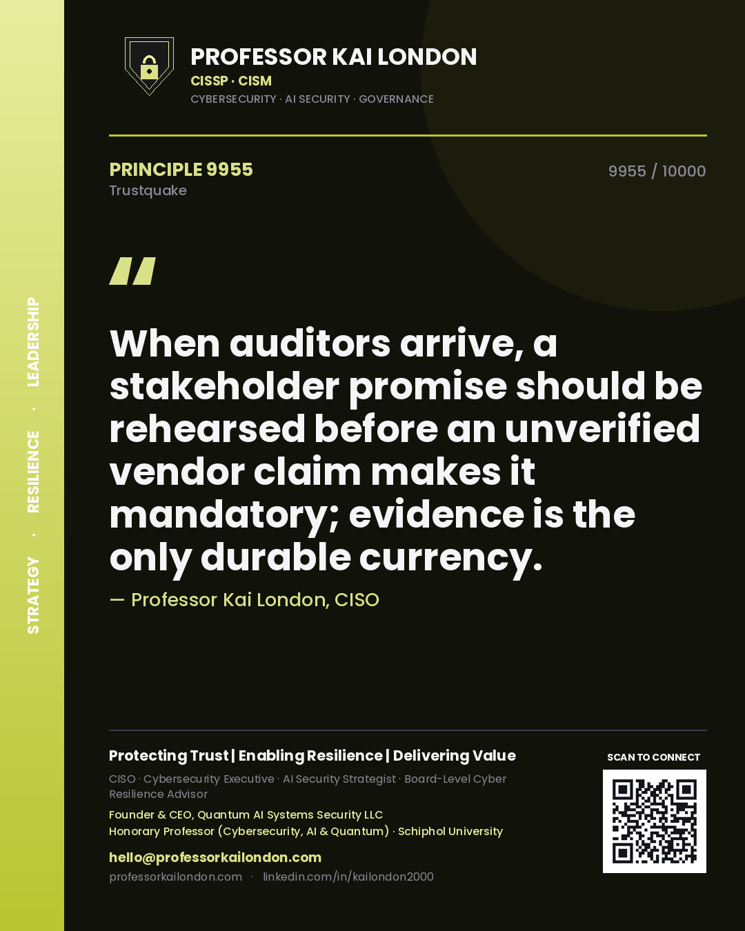 Quote card by Professor Kai London reading 'When auditors arrive, a stakeholder promise should be rehearsed before an unverified vendor claim makes it mandatory; evidence is the only durable currency.'. From the book Trustquake.