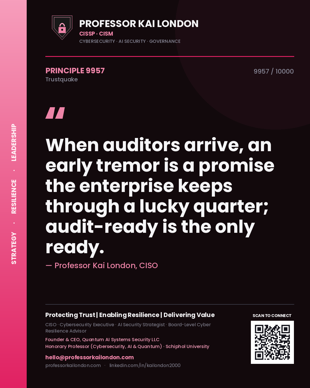 Quote card by Professor Kai London reading 'When auditors arrive, an early tremor is a promise the enterprise keeps through a lucky quarter; audit-ready is the only ready.'. From the book Trustquake.