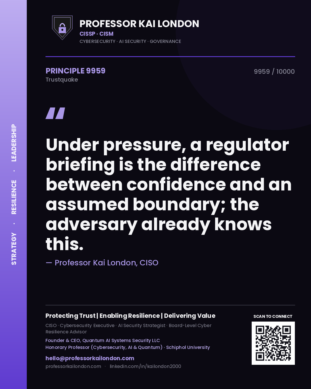 Quote card by Professor Kai London reading 'Under pressure, a regulator briefing is the difference between confidence and an assumed boundary; the adversary already knows this.'. From the book Trustquake.