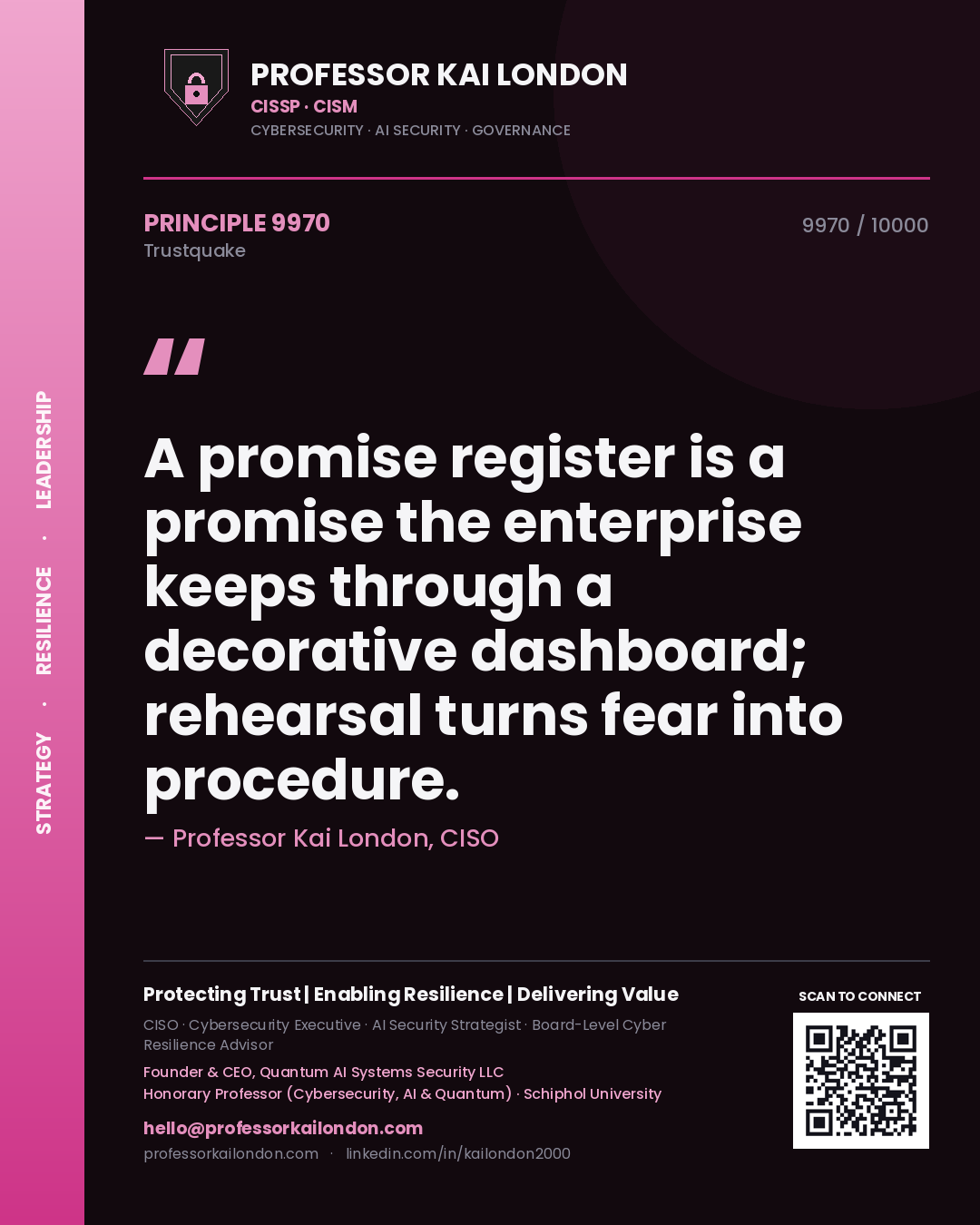 Quote card by Professor Kai London reading 'A promise register is a promise the enterprise keeps through a decorative dashboard; rehearsal turns fear into procedure.'. From the book Trustquake.