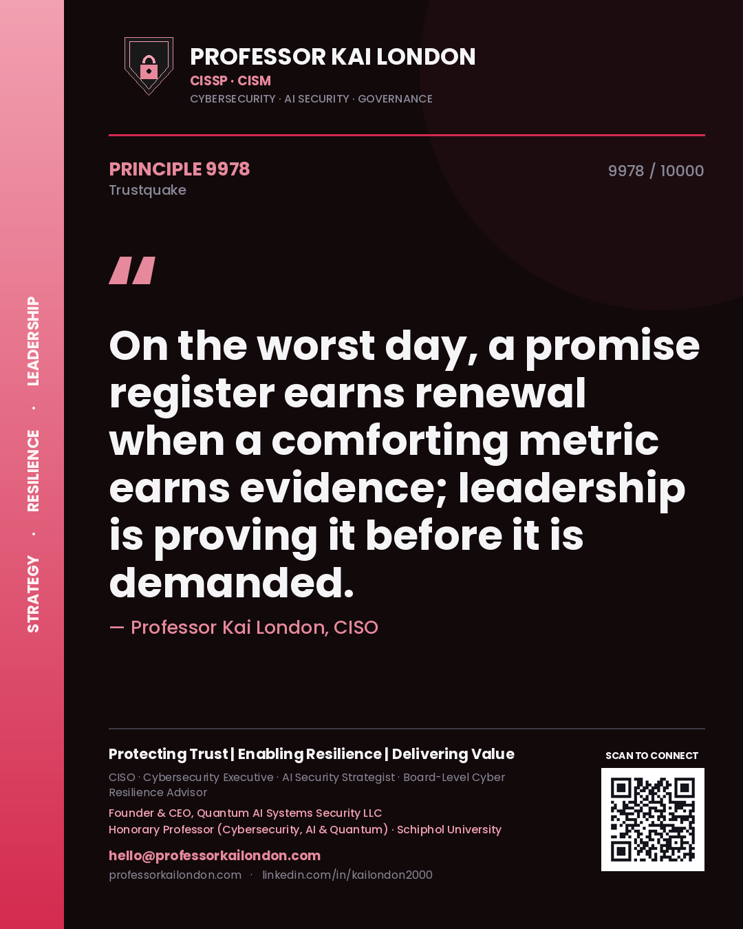 Quote card by Professor Kai London reading 'On the worst day, a promise register earns renewal when a comforting metric earns evidence; leadership is proving it before it is demanded.'. From the book Trustquake.