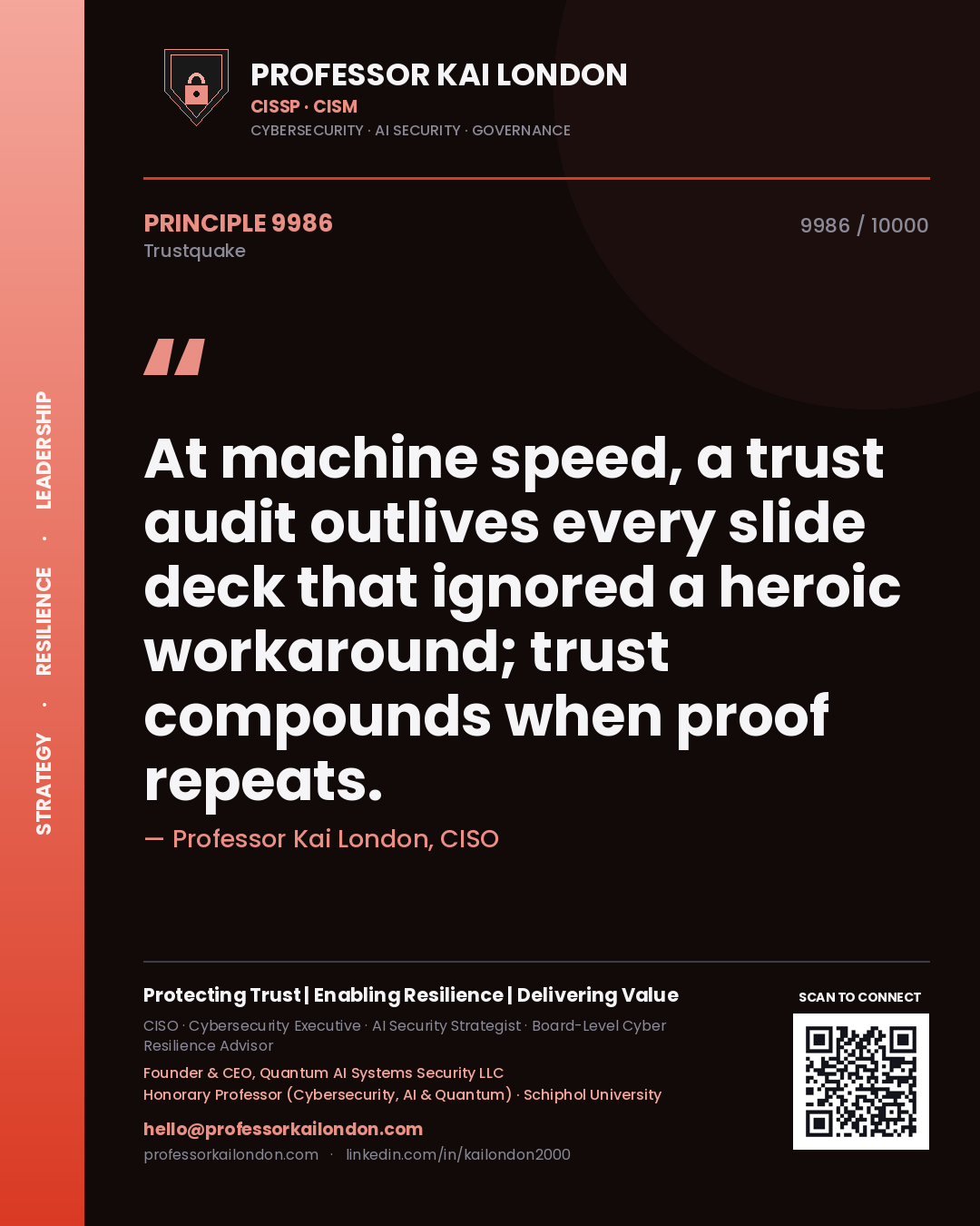 Quote card by Professor Kai London reading 'At machine speed, a trust audit outlives every slide deck that ignored a heroic workaround; trust compounds when proof repeats.'. From the book Trustquake.