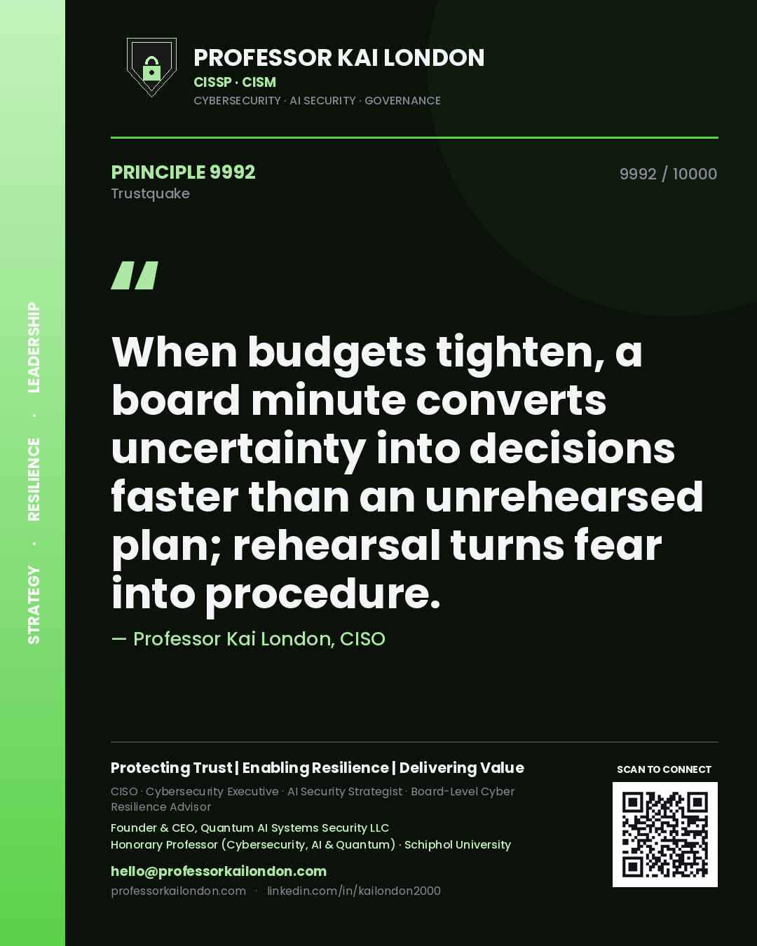 Quote card by Professor Kai London reading 'When budgets tighten, a board minute converts uncertainty into decisions faster than an unrehearsed plan; rehearsal turns fear into procedure.'. From the book Trustquake.