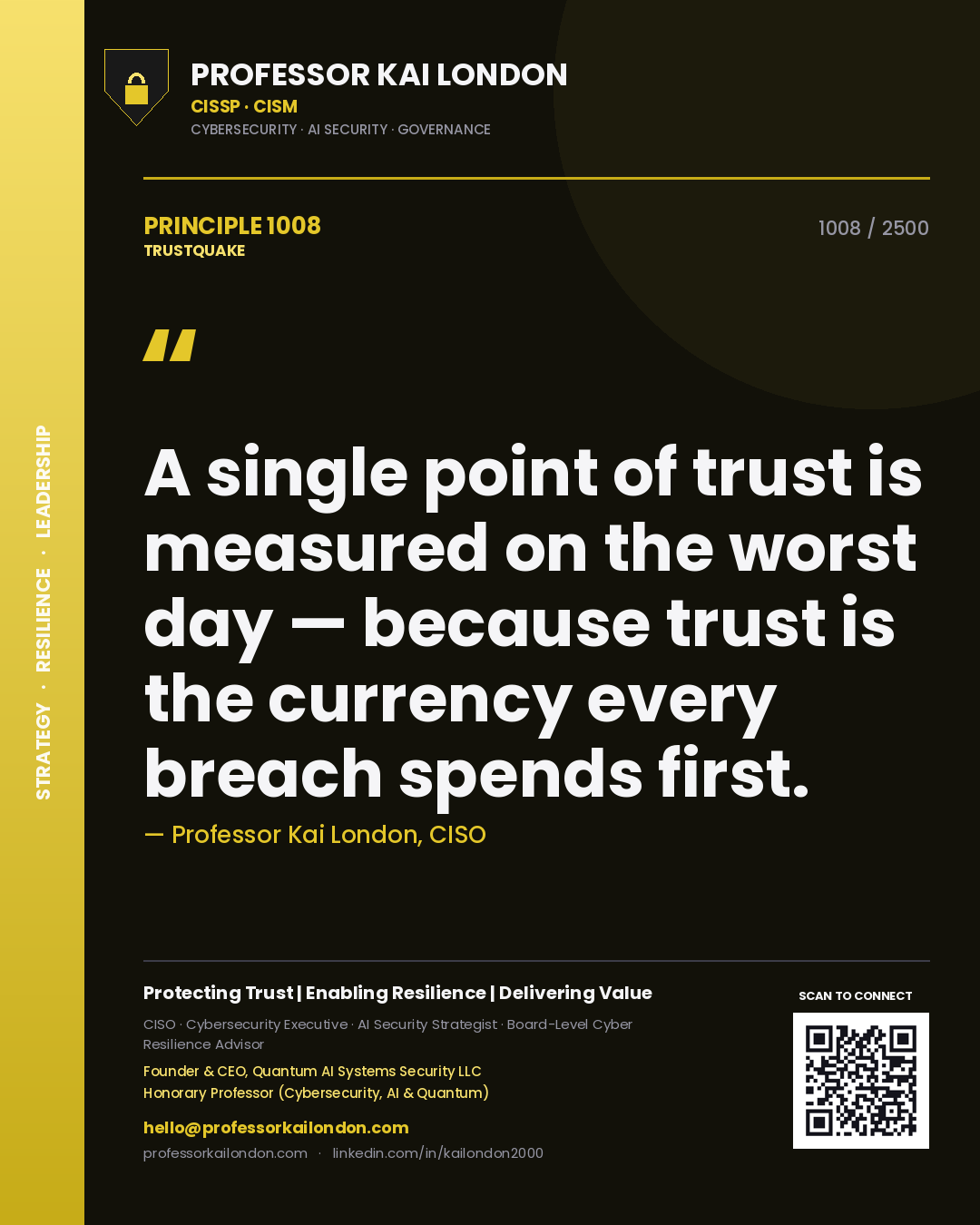 Quote card by Professor Kai London reading 'A single point of trust is measured on the worst day — because trust is the currency every breach spends first.'. From the book Trustquake.