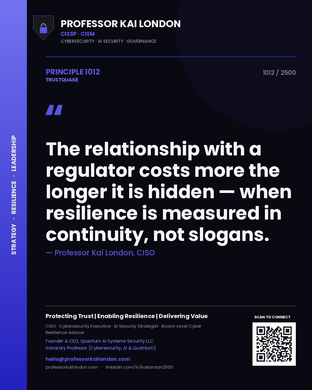 Quote card by Professor Kai London reading 'The relationship with a regulator costs more the longer it is hidden — when resilience is measured in continuity, not slogans.'. From the book Trustquake.