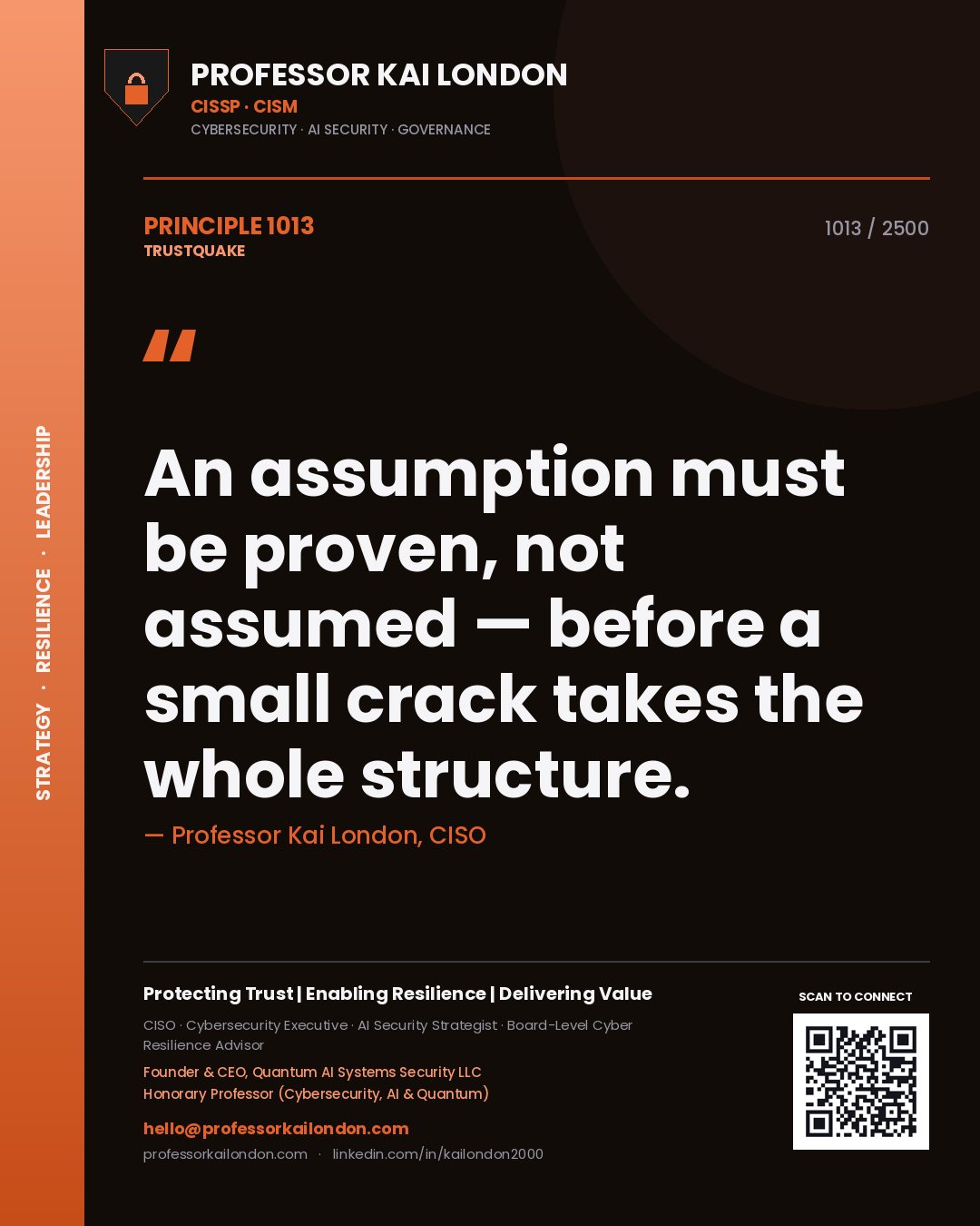 Quote card by Professor Kai London reading 'An assumption must be proven, not assumed — before a small crack takes the whole structure.'. From the book Trustquake.