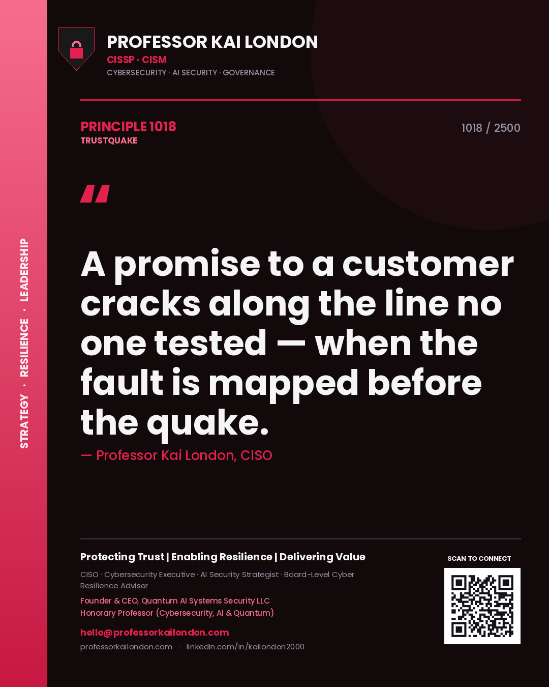Quote card by Professor Kai London reading 'A promise to a customer cracks along the line no one tested — when the fault is mapped before the quake.'. From the book Trustquake.