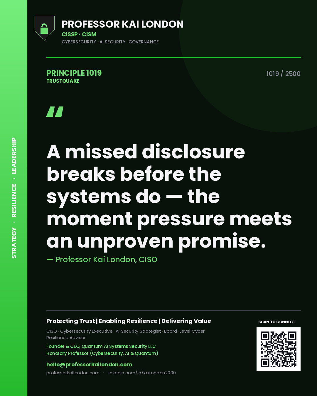 Quote card by Professor Kai London reading 'A missed disclosure breaks before the systems do — the moment pressure meets an unproven promise.'. From the book Trustquake.