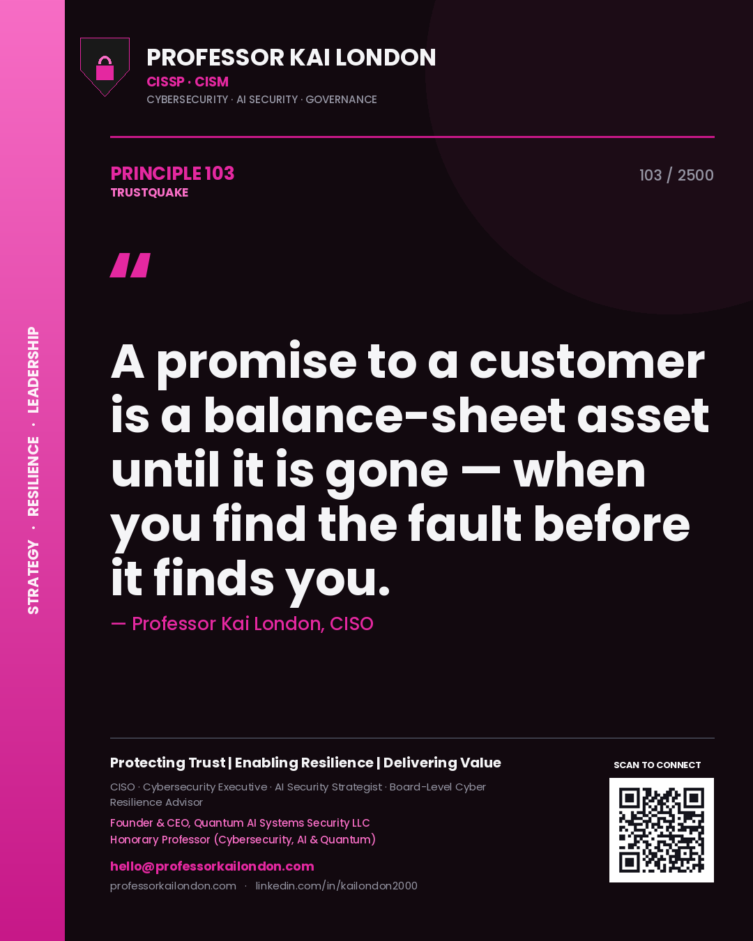 Quote card by Professor Kai London reading 'A promise to a customer is a balance-sheet asset until it is gone — when you find the fault before it finds you.'. From the book Trustquake.