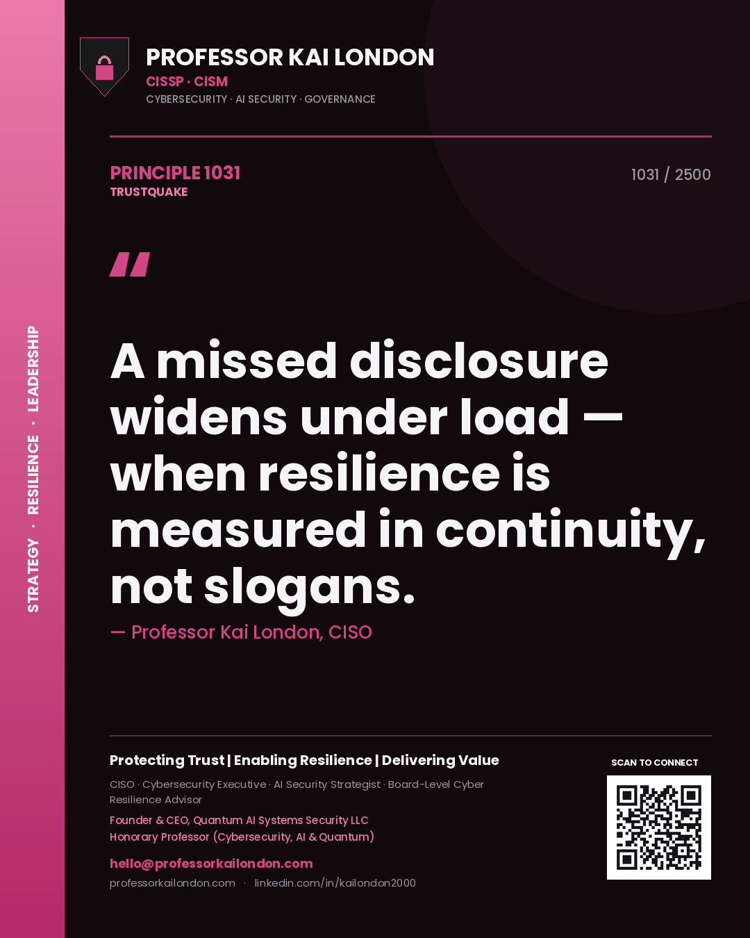 Quote card by Professor Kai London reading 'A missed disclosure widens under load — when resilience is measured in continuity, not slogans.'. From the book Trustquake.