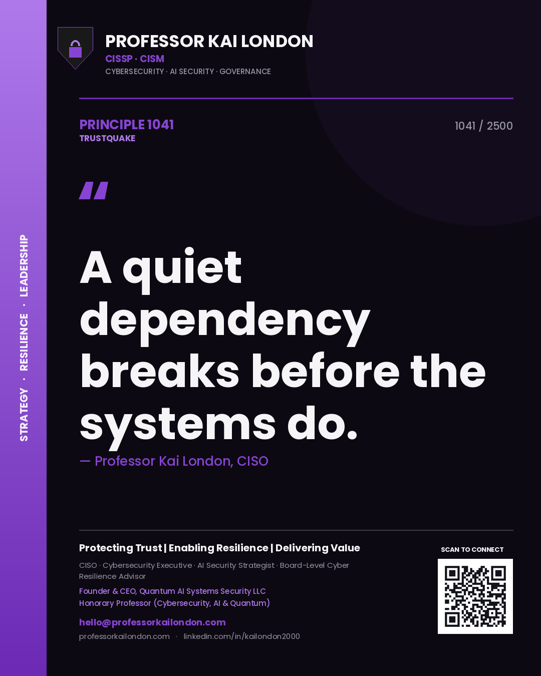 Quote card by Professor Kai London reading 'A quiet dependency breaks before the systems do.'. From the book Trustquake.