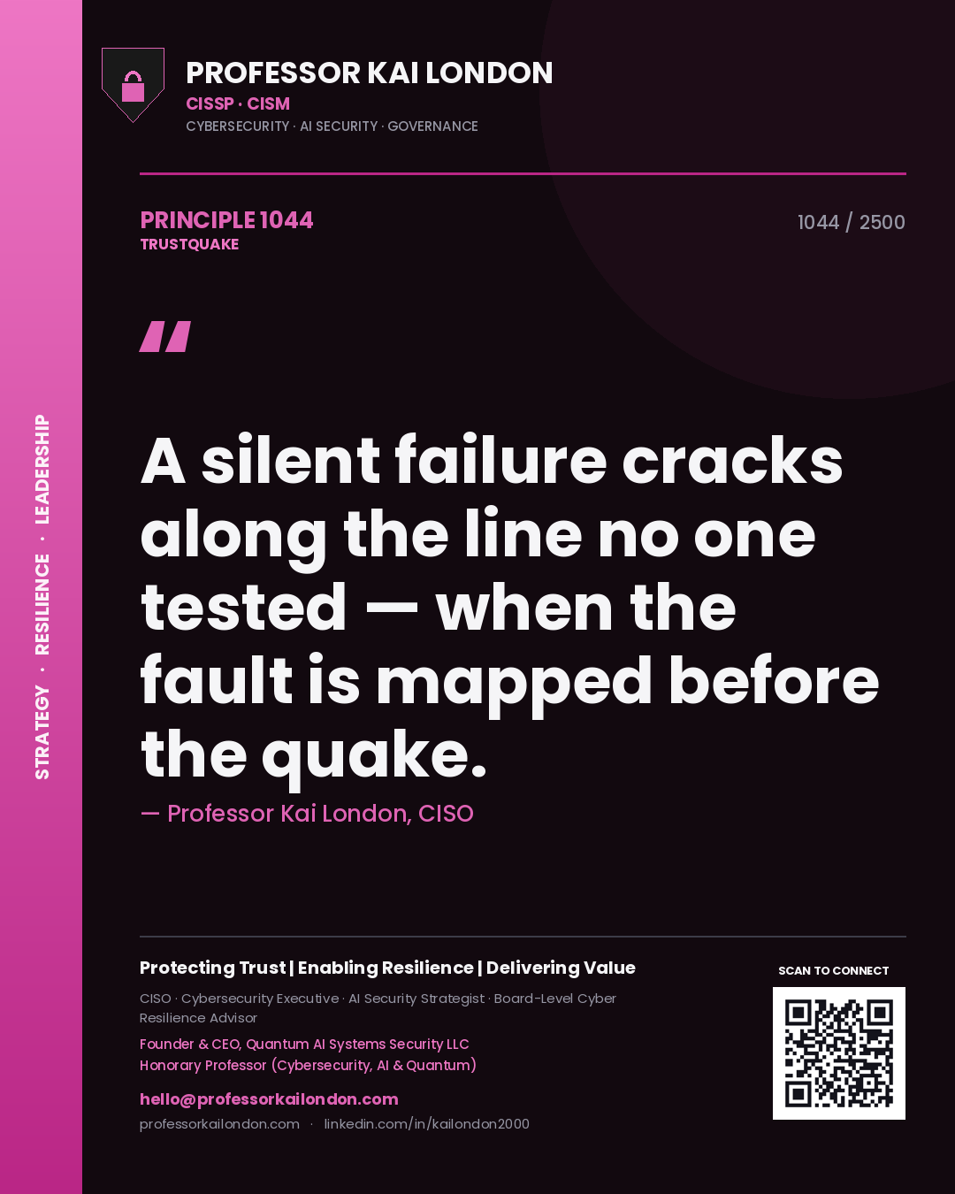 Quote card by Professor Kai London reading 'A silent failure cracks along the line no one tested — when the fault is mapped before the quake.'. From the book Trustquake.