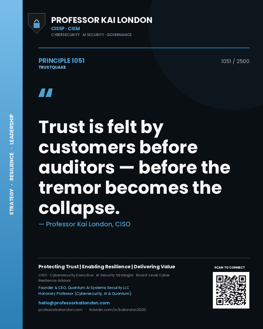 Quote card by Professor Kai London reading 'Trust is felt by customers before auditors — before the tremor becomes the collapse.'. From the book Trustquake.