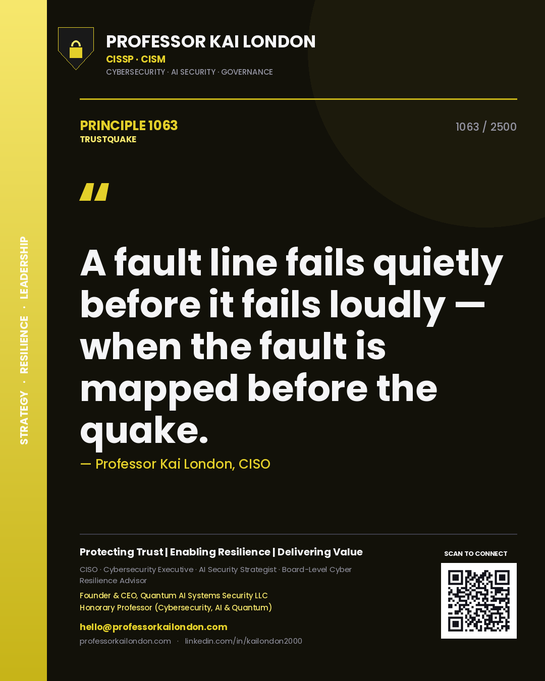 Quote card by Professor Kai London reading 'A fault line fails quietly before it fails loudly — when the fault is mapped before the quake.'. From the book Trustquake.