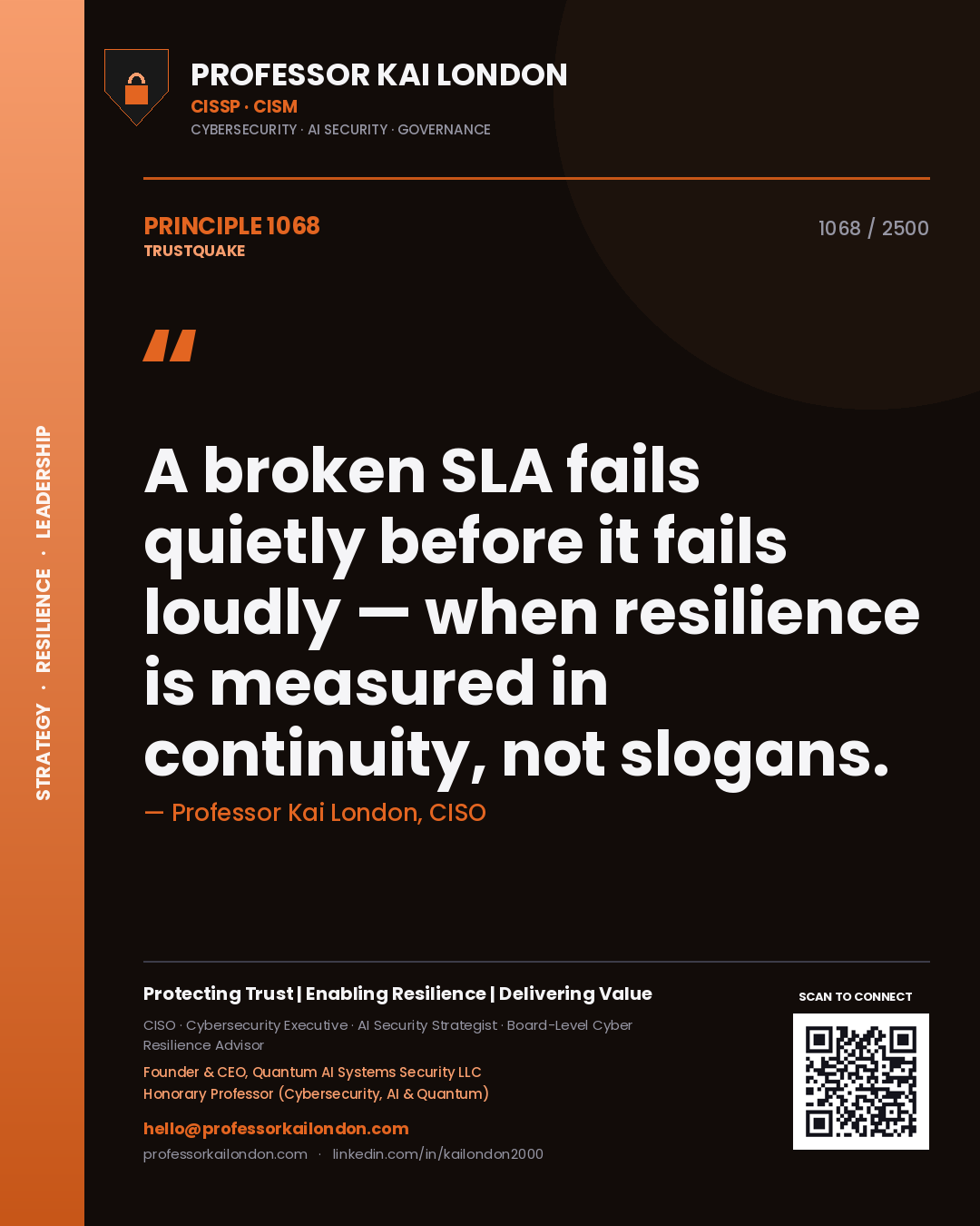 Professor Kai London principle 1068: A broken SLA fails quietly before it fails loudly — when resilience is measured in continuity, not slogans.