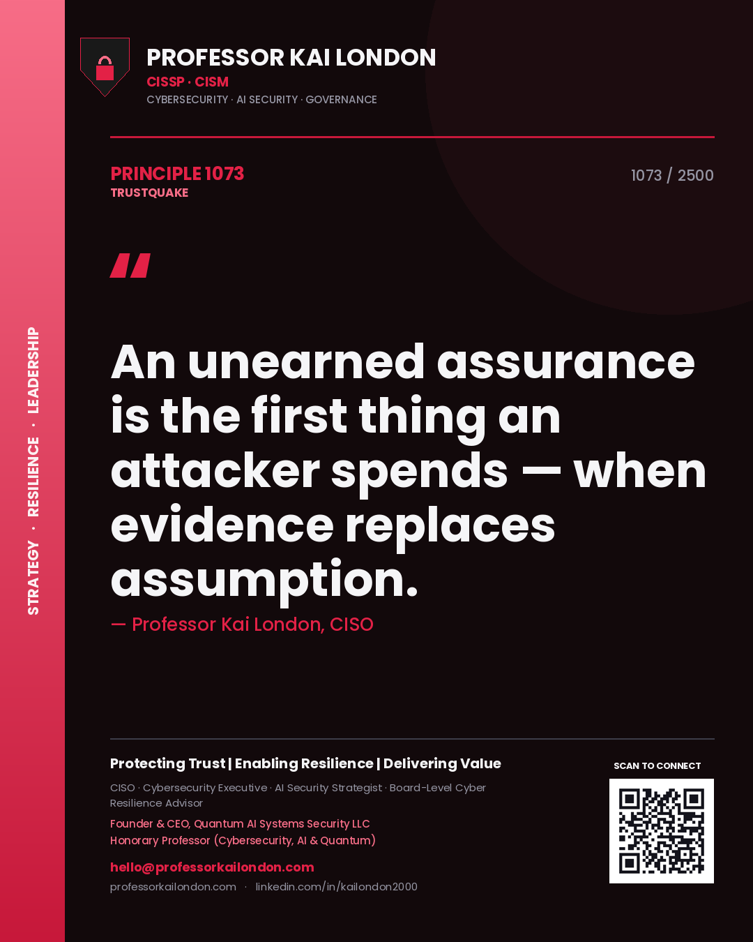 Professor Kai London principle 1073: An unearned assurance is the first thing an attacker spends — when evidence replaces assumption.