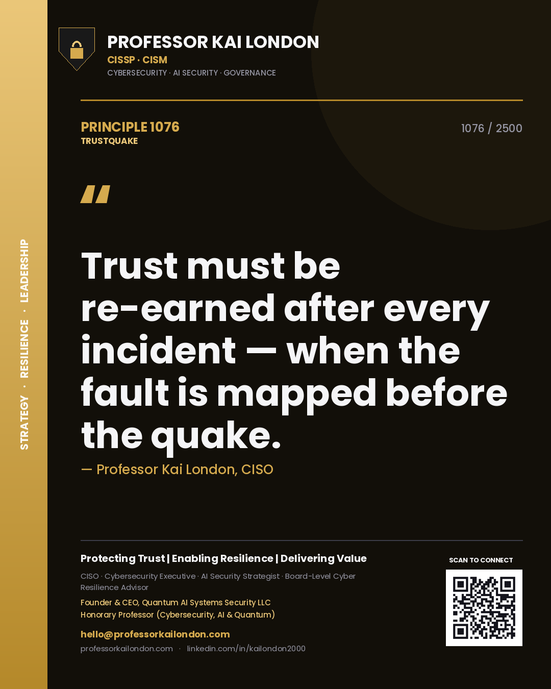 Quote card by Professor Kai London reading 'Trust must be re-earned after every incident — when the fault is mapped before the quake.'. From the book Trustquake.