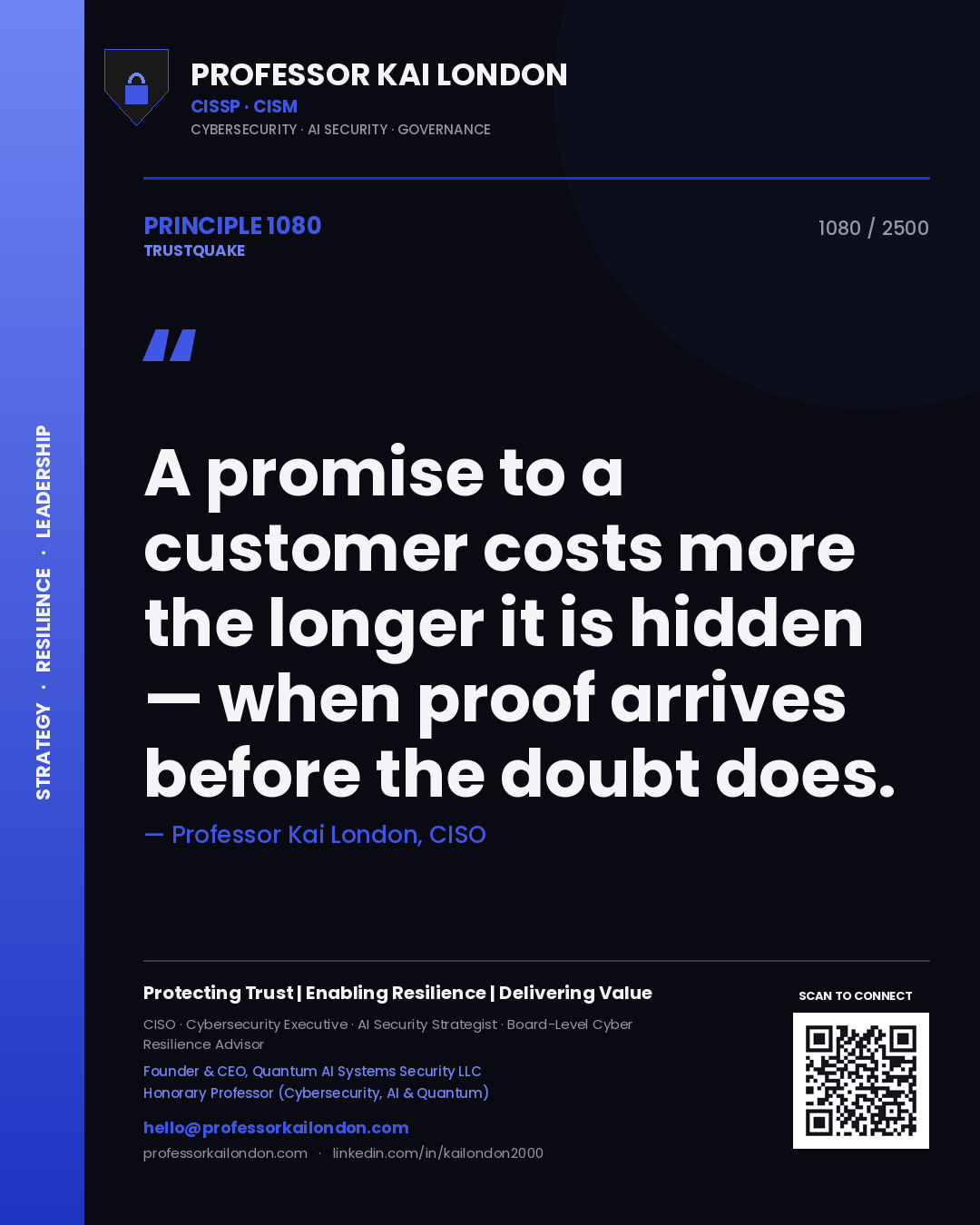 Quote card by Professor Kai London reading 'A promise to a customer costs more the longer it is hidden — when proof arrives before the doubt does.'. From the book Trustquake.