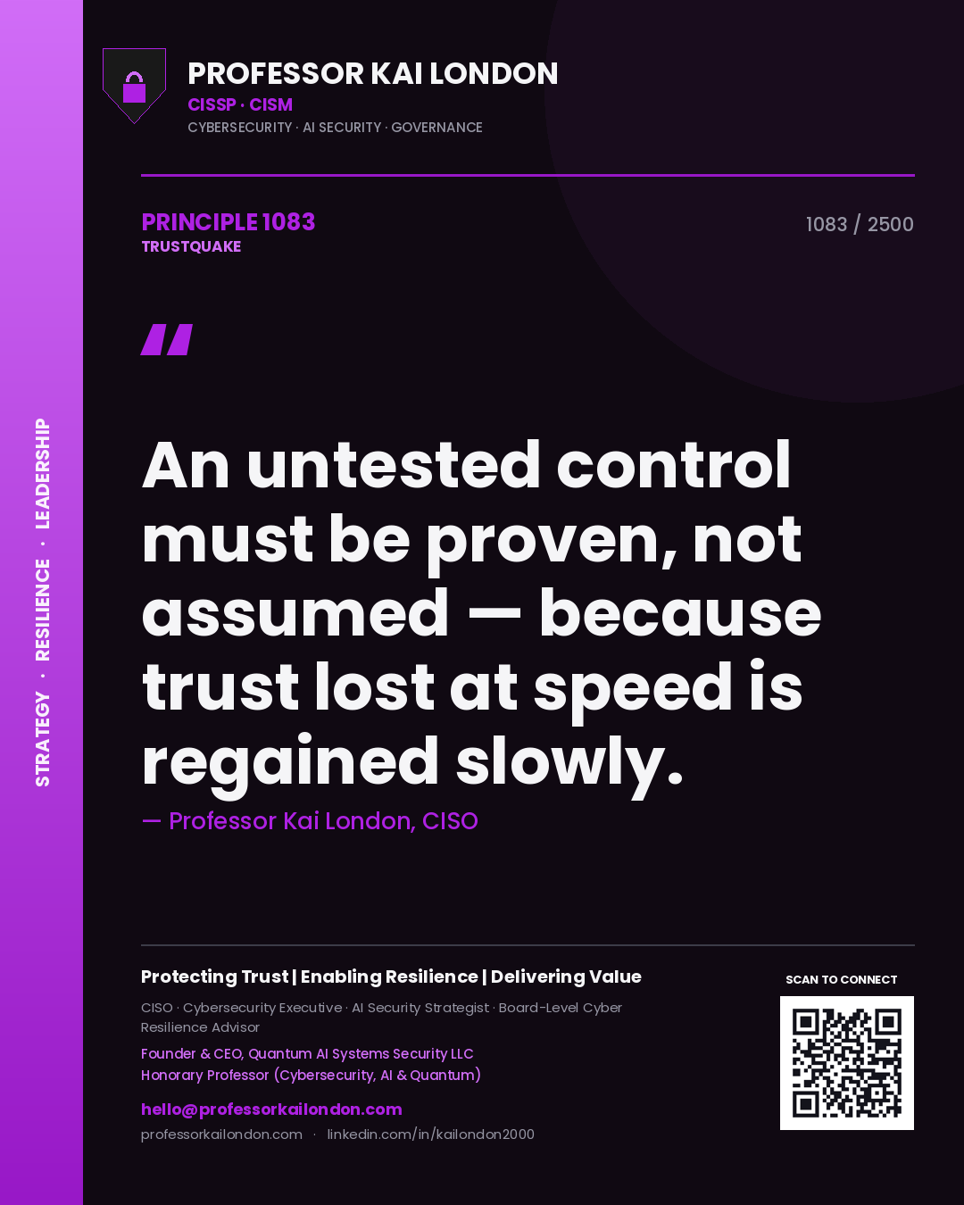 Quote card by Professor Kai London reading 'An untested control must be proven, not assumed — because trust lost at speed is regained slowly.'. From the book Trustquake.