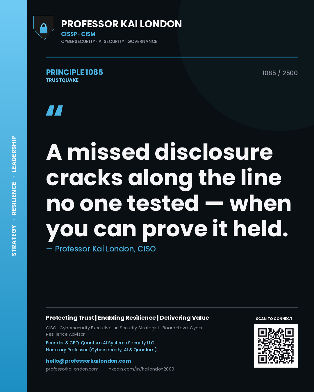 Quote card by Professor Kai London reading 'A missed disclosure cracks along the line no one tested — when you can prove it held.'. From the book Trustquake.