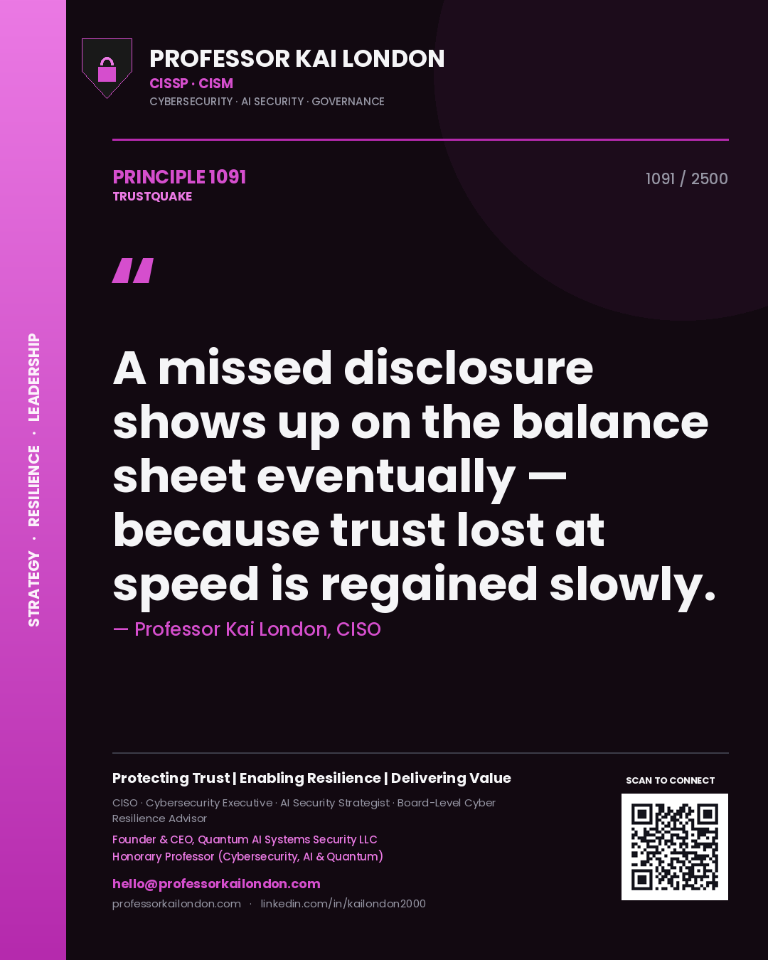 Quote card by Professor Kai London reading 'A missed disclosure shows up on the balance sheet eventually — because trust lost at speed is regained slowly.'. From the book Trustquake.